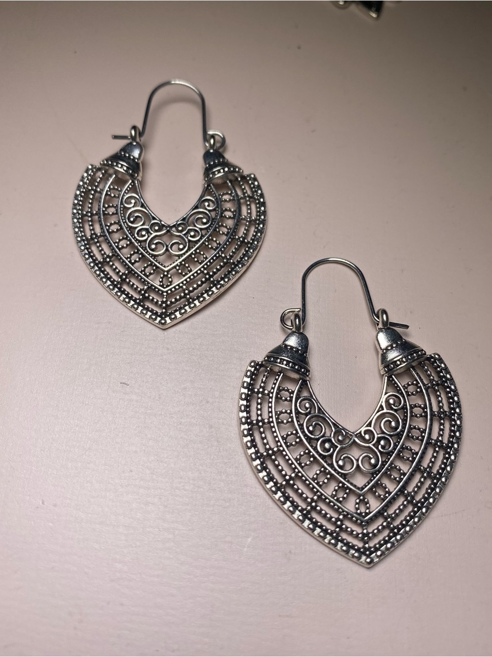 Intricate Silver toned Filigree Heart Drop Earrings - Women Jewelry